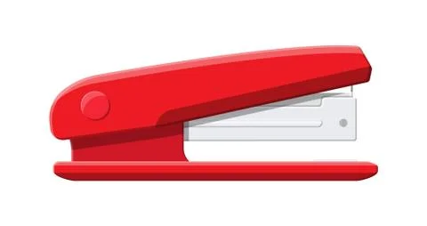 Red plastic stapler. Device for fastening sheets. Stock Illustration