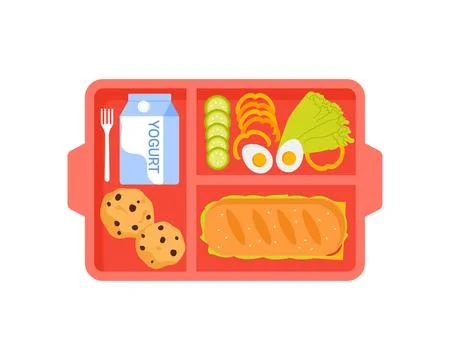 Red plastic tray with sandwich, cookie and yogurt, top view of lunch food plate Stock Illustration