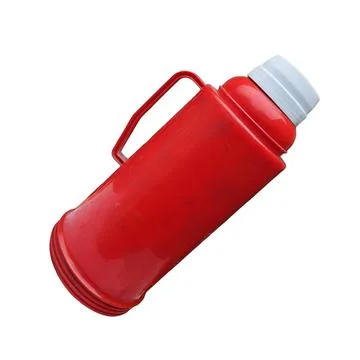 Red Plastic Vacuum Flask with Handle and White Cap 스톡 사진