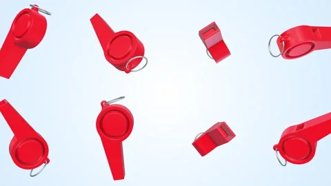 Red Plastic Whistles Falling on a Light Blue Background. Whistles 3D Animation. Stock Footage 301512806