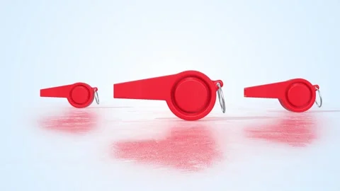 Red Plastic Whistles on a Light Reflective Floor. Whistles 3D Animation. 4K Stock Footage 301512803