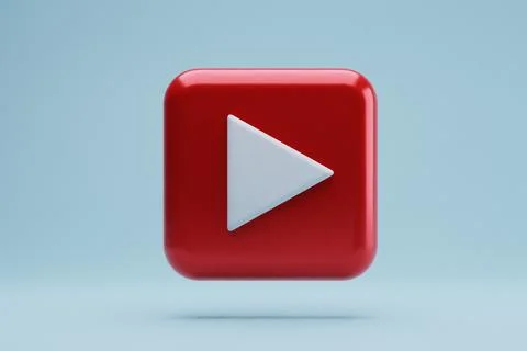 Red play button 3D render, blue background, digital media Stock Illustration