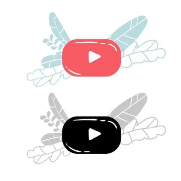 Red Play Icon Button with doodle flowers. Flat Social Media Background Sign D Stock Illustration