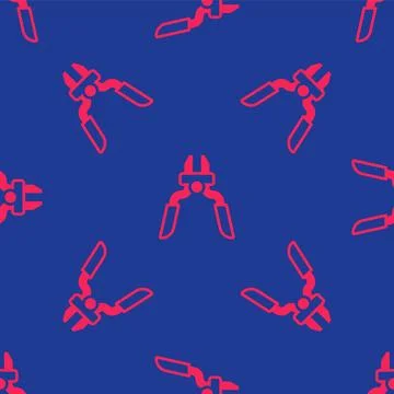 Red Pliers tool icon isolated seamless pattern on blue background. Pliers work 스톡 일러스트