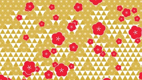 Red plum blossoms falling over golden traditional Japanese geometric patterns Stock Footage 332070459