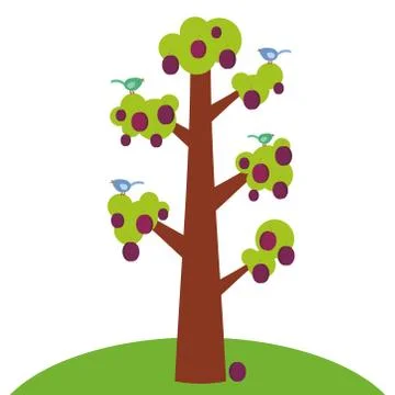 Red plum large tree with a thick trunk, green leaves and ripe fruits, poultry Stock Illustration