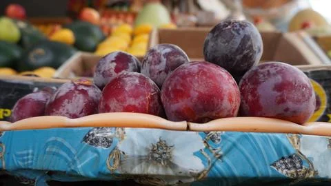 Red plums centered on decorated tray contrasting background fruits Stock Photos