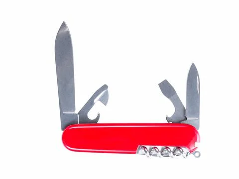 Red pocket folding knife-multitool isolated on white Stock Photos