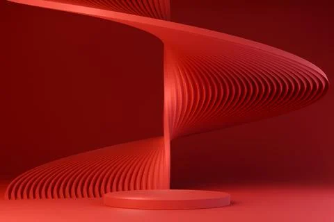 Red podium with abstract circular geometric pattern on red background Stock Illustration