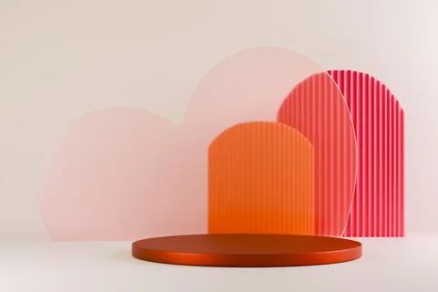 Red podium with floating gift boxes on red background Stock Illustration