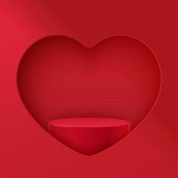 Red podium with heart shaped frame. Mockup vector scene of geometry shape p.. Illustrazione stock