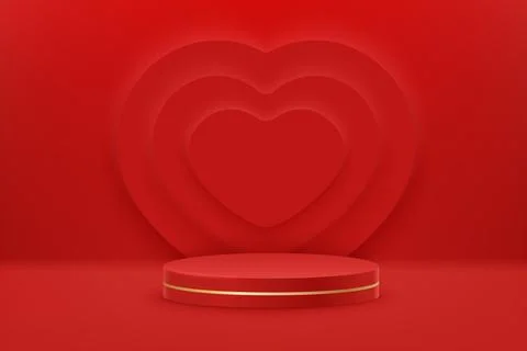 Red podium with heart shaped frames. Mockup vector scene of geometry shape .. Illustrazione stock
