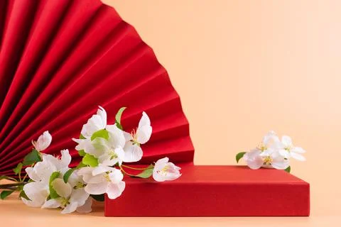 Red podium paper oriental fan flowering branch with buds pink pastel background Stock Photos
