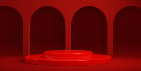 Red podium stage with dramatic arch gallery Illustrazione stock