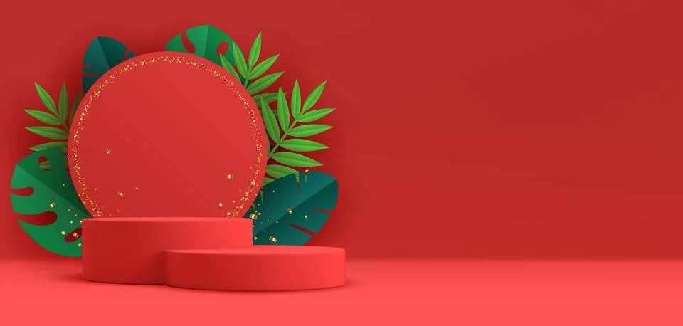 Red podium vector background with tropical leaves Stock Illustration