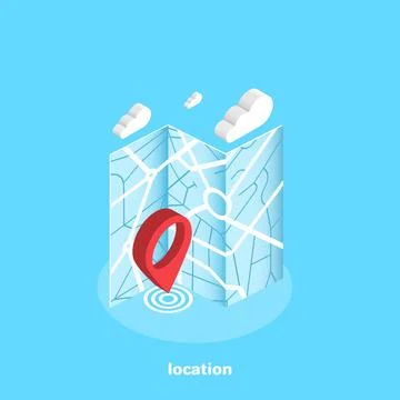 Red pointer on a blue city map, isometric image 스톡 일러스트