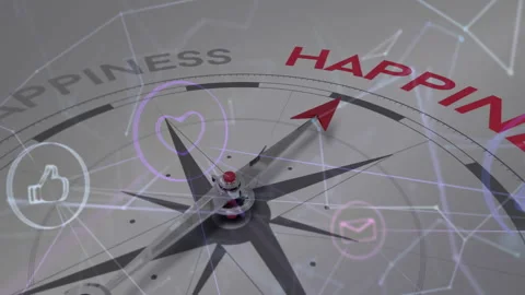 Red pointer rotating on 3D compass while digital icons appearing guiding pointer Stock Footage 311084626