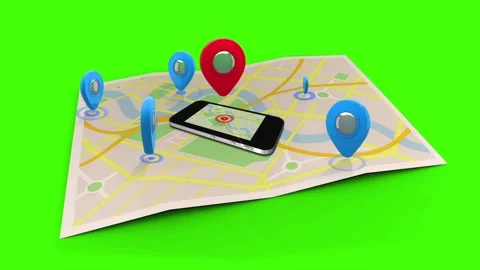 Red pointer showing a mobile phone with blue map pins on green screen Stock Footage 313735229
