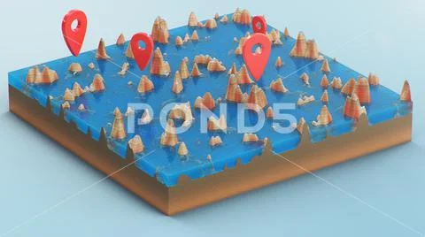 Red pointers, markers on the 3D map navigation. Contour lines on a ...