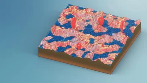 Red pointers, markers on the 3D map navigation. Contour lines on a topographic Stock Illustration