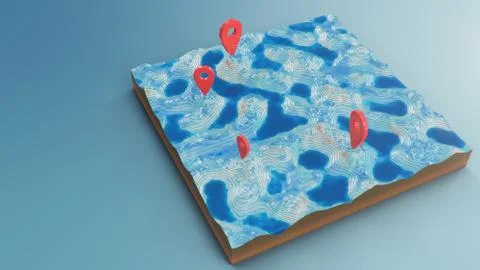 Red pointers, markers on the 3D map navigation. Contour lines on a topographic Stock Illustration