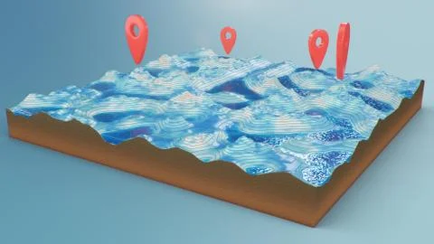 Red pointers, markers on the 3D map navigation. Contour lines on a topographic 스톡 일러스트