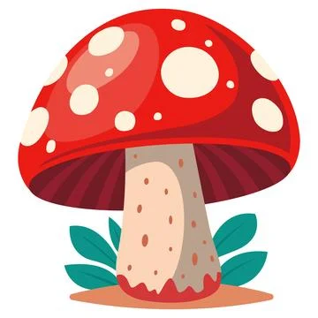 Red poisonous fly agaric grows on the ground next to the grass. Stock Illustration