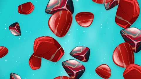 Red Polished Gemstones Falling Over a Sparkling Teal Background Stock Footage 345037841
