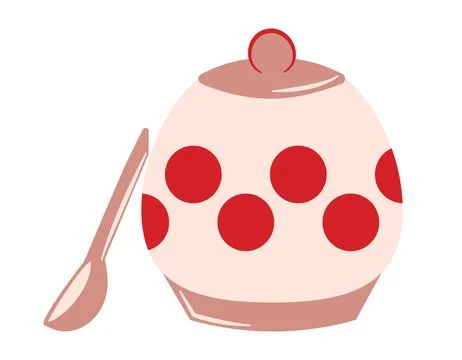 Red polka dot Container, Spoon. Kitchen round Storage for bulk product. Ceramic Stock Illustration