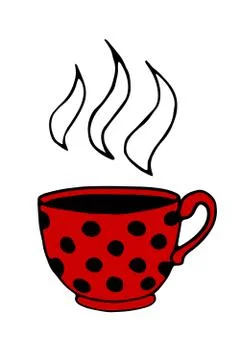 Red polka dot Cup. Mug with steam from a hot drink. Hand drawn simple kitchen Stock-Illustration