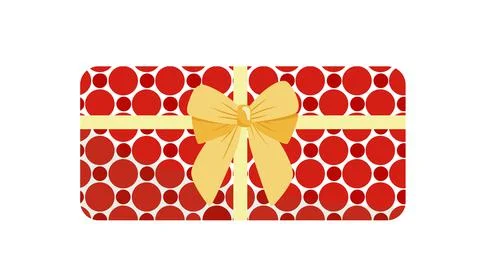 Red polka dots present with big yellow bow. Birthday gift. Flat, cartoon, vector Stock Illustration