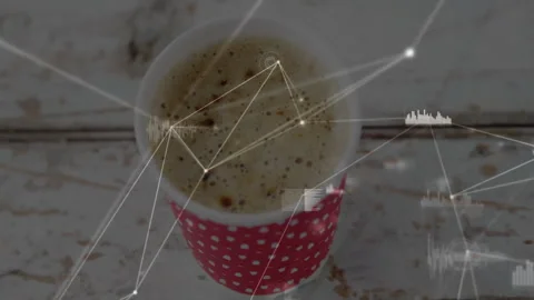 Red polka-dotted coffee cup featuring glowing network nodes and moving bar Stock Footage 307445487