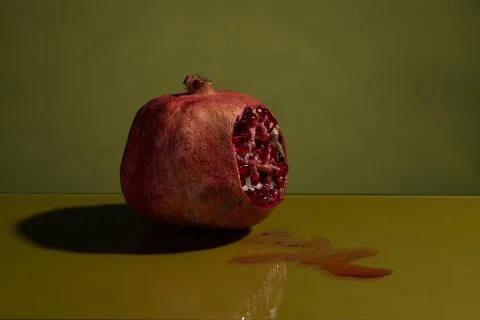 A red pomegranate on a mirror table on a green background Stock Photos