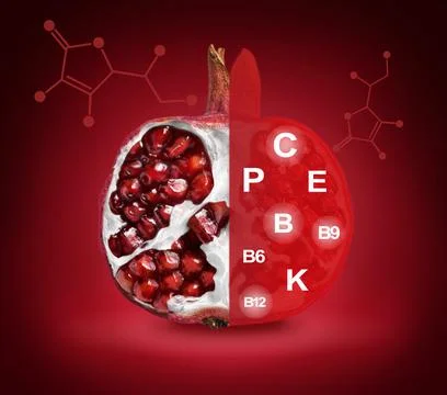 Red pomegranate in section and useful vitamins in it Stock Photos