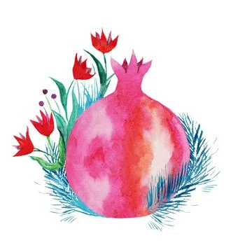 Red pomegranate with a sprig of thyme Stock Illustration