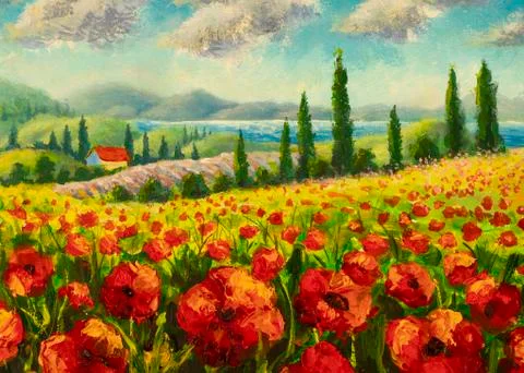 Red poppies painting. Italian Lavender summer countryside. French Tuscany. Fi Stock Illustration