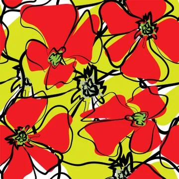 Red Poppies Seamless Pattern. Summer Flowers in Linear Engraving Style. Vecto Stock Illustration