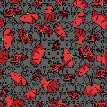 Red poppies seamless vector pattern on gray Stock Illustration