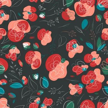 Red poppy seamless pattern in millefleur trend Stock Illustration