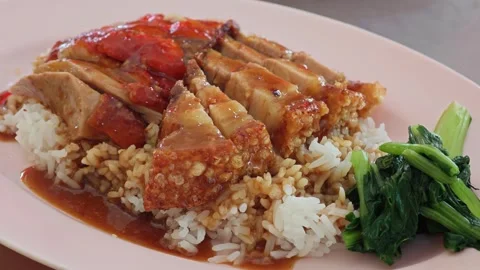 Red pork and crispy pork rice. Asian street food. Stock Footage 313598432