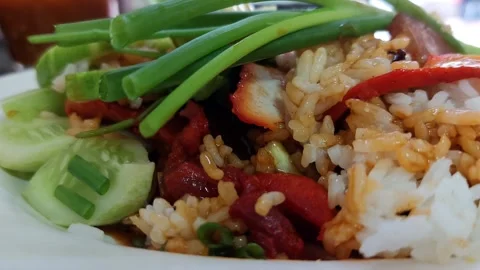 Red pork on rice with vegetables Stock Footage 265676670