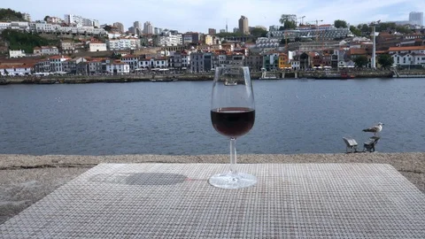 Red Port wine overlooking Vila Nova de Gaia, Porto, Portugal Stock Footage 107275406