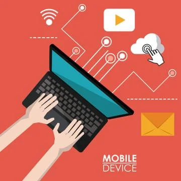 Red poster mobile device of laptop computer in top view and link to common apps Illustrazione stock