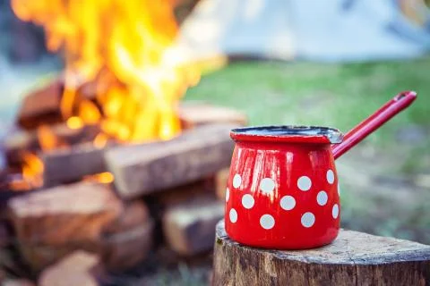 Red pot camping fire. Stock Photos