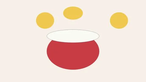 Red pot with three yellow floating circles above on light background Stock Illustration