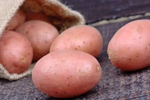 Red potatoes in a jute sack on table 스톡 사진