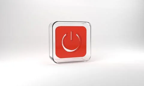 Red Power button icon isolated on grey background. Start sign. Glass square 스톡 일러스트