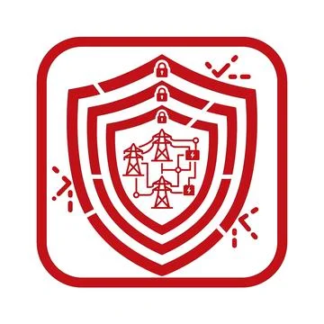 Red power grid cybersecurity icon displaying shields protecting electrical .. Illustrazione stock
