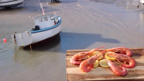 Red Prawns with lemon in front of Devon Harbour Stock Footage 231493537