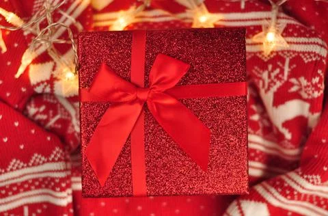 Red present box with bow. Gift for Christmas Stock Photos